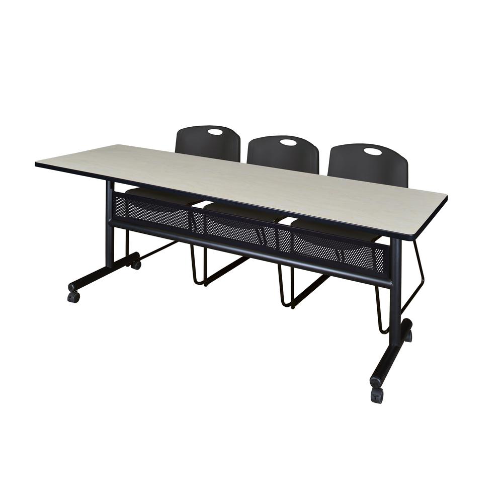84" x 24" Flip Top Mobile Training Table with Modesty Panel- Maple and 3 Zeng Stack Chairs- Black. Picture 1