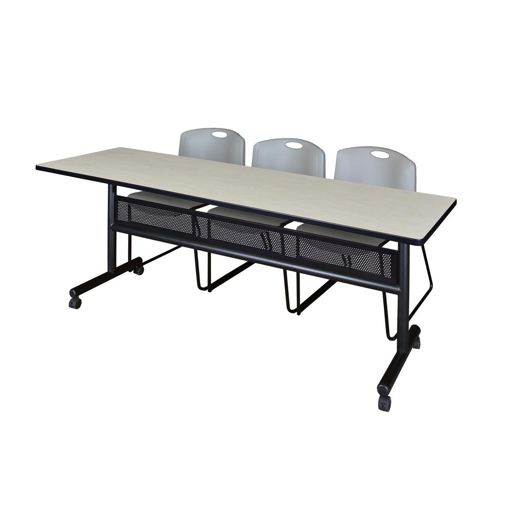 84" x 24" Flip Top Mobile Training Table with Modesty Panel- Maple and 3 Zeng Stack Chairs- Grey. Picture 1