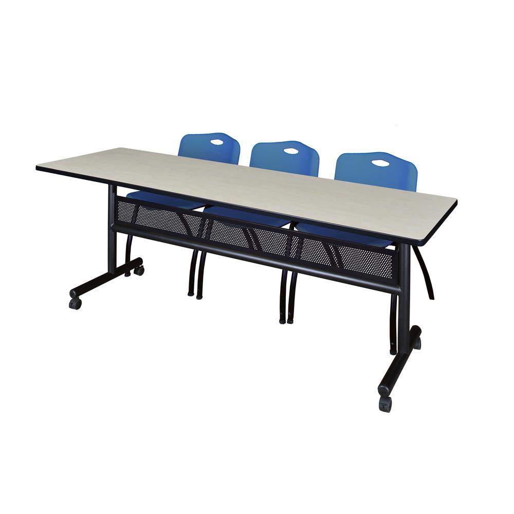 84" x 24" Flip Top Mobile Training Table with Modesty Panel- Maple and 3 "M" Stack Chairs- Blue. Picture 1