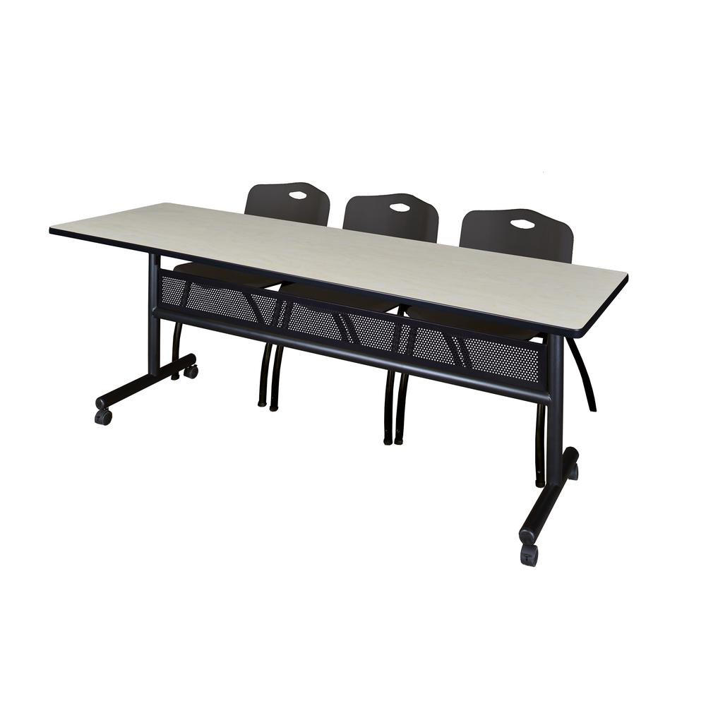84" x 24" Flip Top Mobile Training Table with Modesty Panel- Maple and 3 "M" Stack Chairs- Black. Picture 1