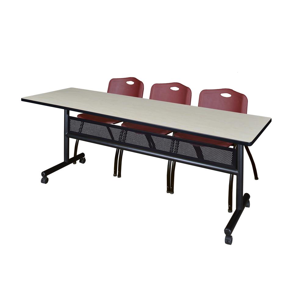 84" x 24" Flip Top Mobile Training Table with Modesty Panel- Maple and 3 "M" Stack Chairs- Burgundy. Picture 1