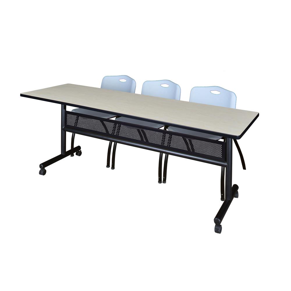 84" x 24" Flip Top Mobile Training Table with Modesty Panel- Maple and 3 "M" Stack Chairs- Grey. Picture 1