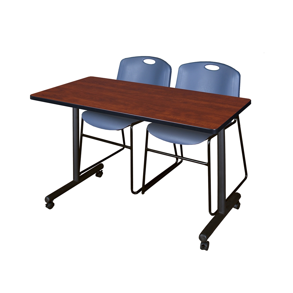 48" x 24" Kobe Mobile Training Table- Cherry & 2 Zeng Stack Chairs- Blue. Picture 1