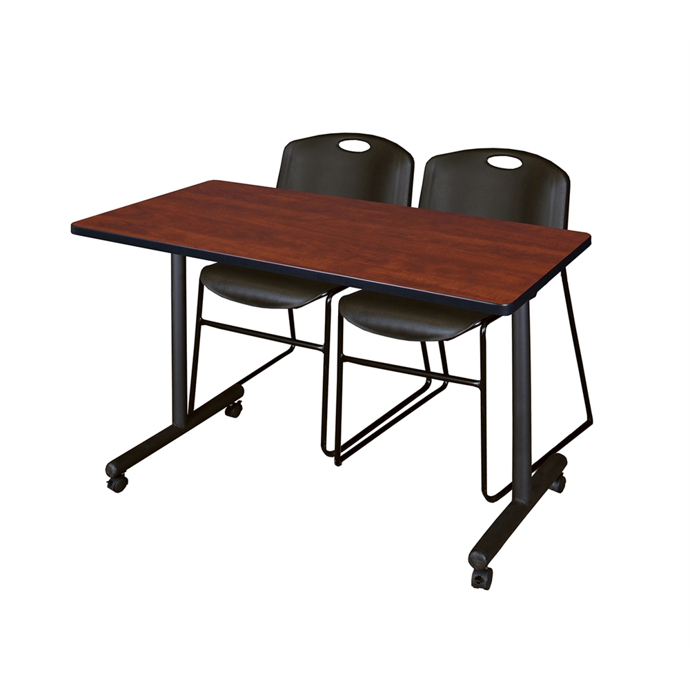 48" x 24" Kobe Mobile Training Table- Cherry & 2 Zeng Stack Chairs- Black. Picture 1