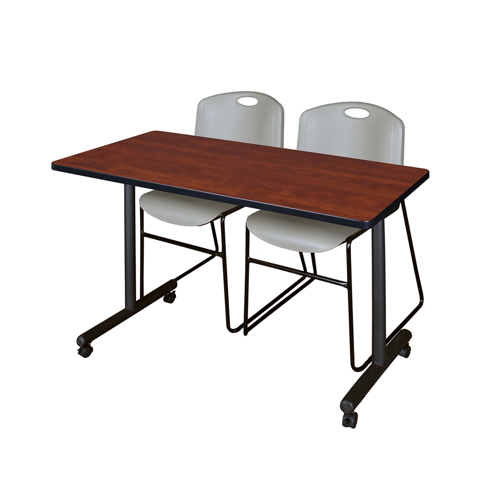 48" x 24" Kobe Mobile Training Table- Cherry & 2 Zeng Stack Chairs- Grey. Picture 1