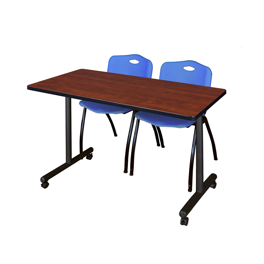 48" x 24" Kobe Mobile Training Table- Cherry & 2 'M' Stack Chairs- Blue. Picture 1
