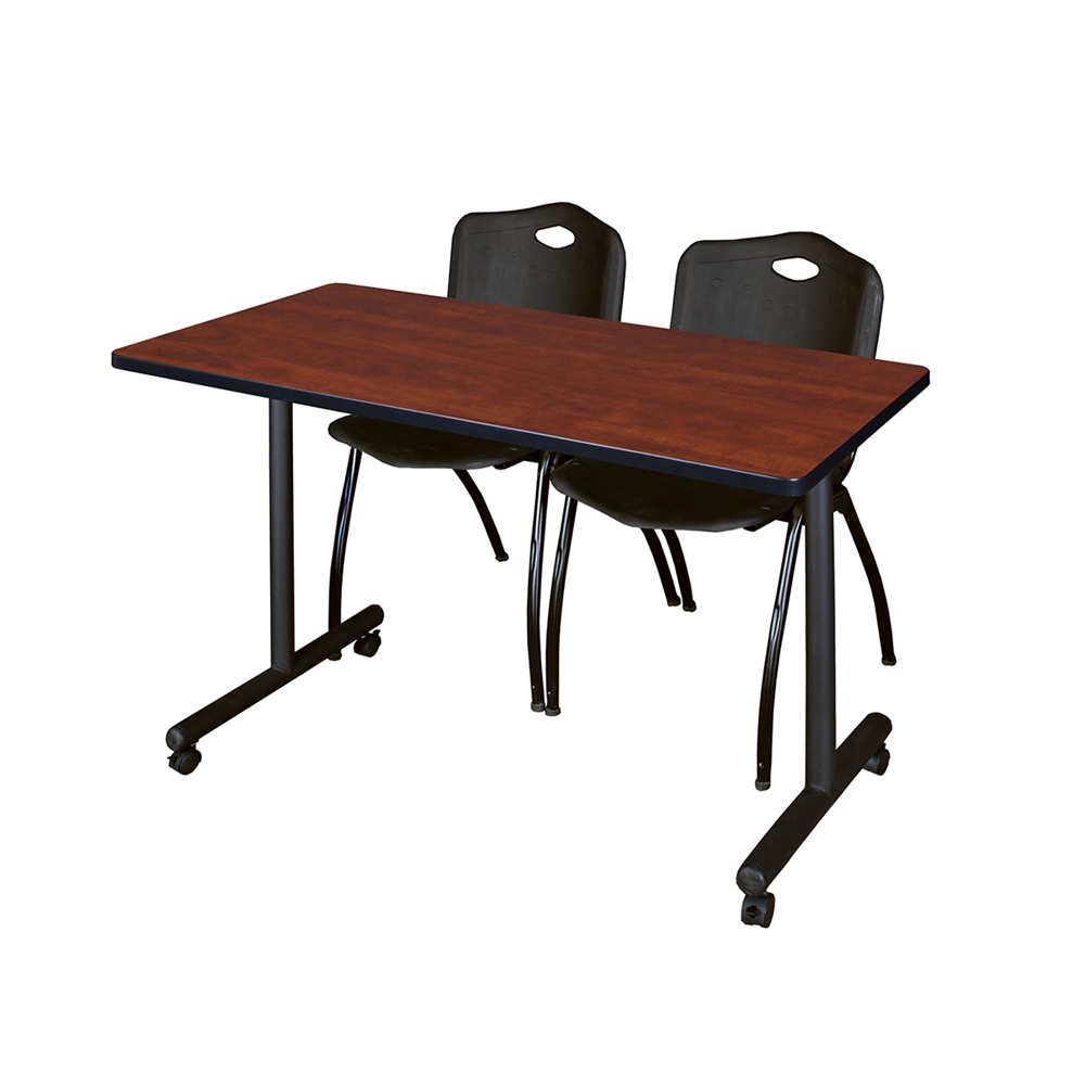 48" x 24" Kobe Mobile Training Table- Cherry & 2 'M' Stack Chairs- Black. Picture 1