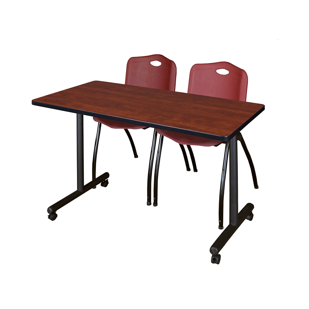 48" x 24" Kobe Mobile Training Table- Cherry & 2 'M' Stack Chairs- Burgundy. Picture 1