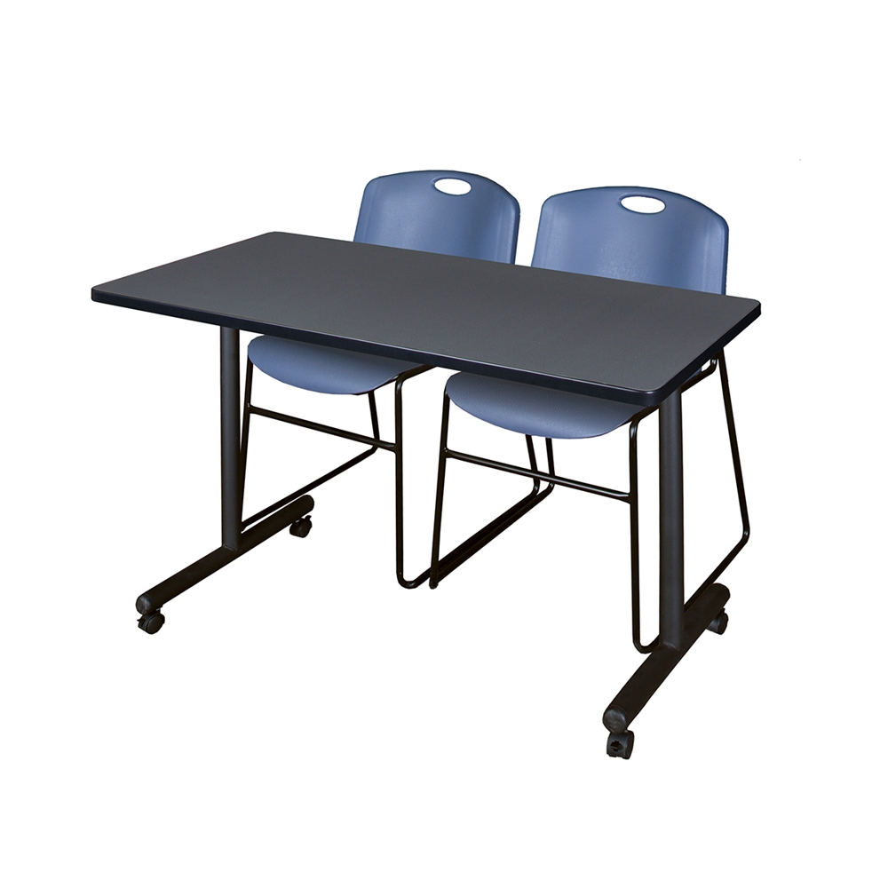 48" x 24" Kobe Mobile Training Table- Grey & 2 Zeng Stack Chairs- Blue. Picture 1