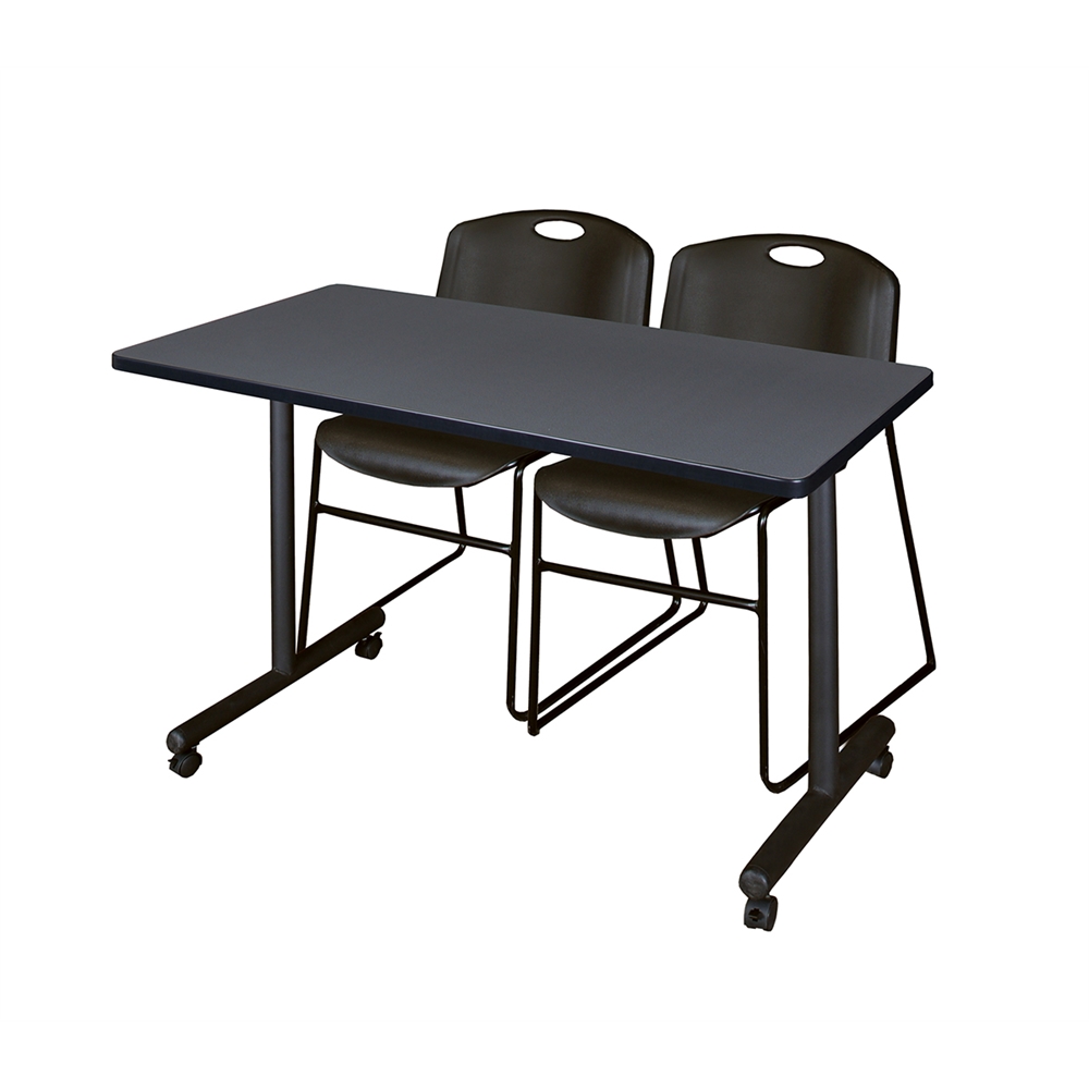 48" x 24" Kobe Mobile Training Table- Grey & 2 Zeng Stack Chairs- Black. Picture 1
