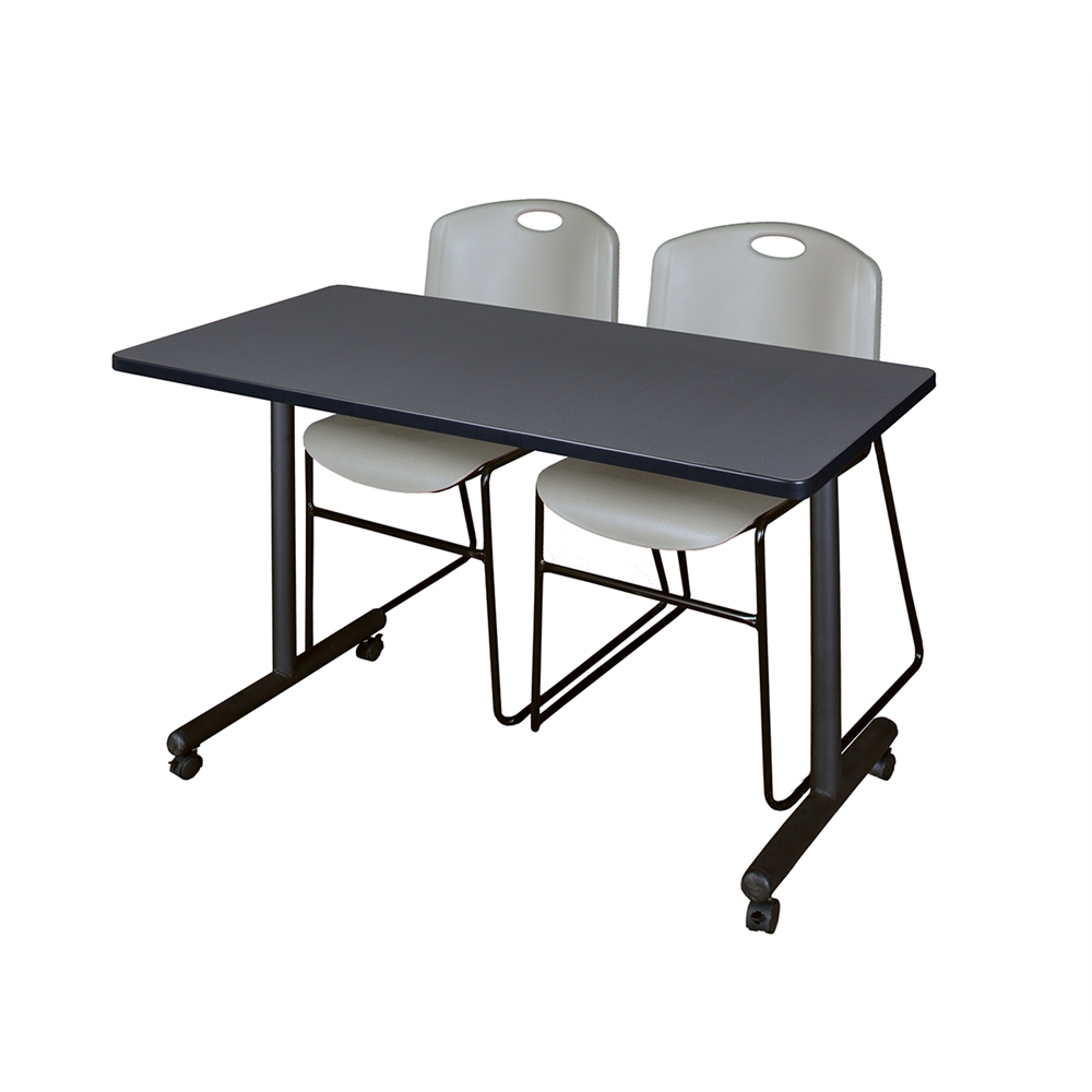 48" x 24" Kobe Mobile Training Table- Grey & 2 Zeng Stack Chairs- Grey. Picture 1