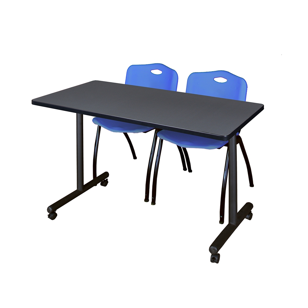 48" x 24" Kobe Mobile Training Table- Grey & 2 'M' Stack Chairs- Blue. Picture 1