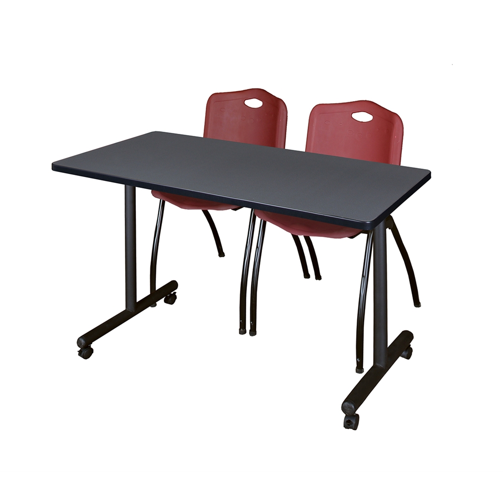48" x 24" Kobe Mobile Training Table- Grey & 2 'M' Stack Chairs- Burgundy. Picture 1