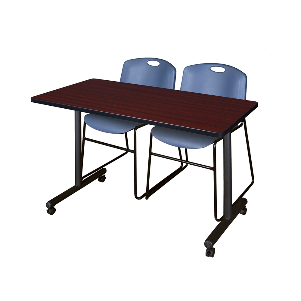48" x 24" Kobe Mobile Training Table- Mahogany & 2 Zeng Stack Chairs- Blue. Picture 1