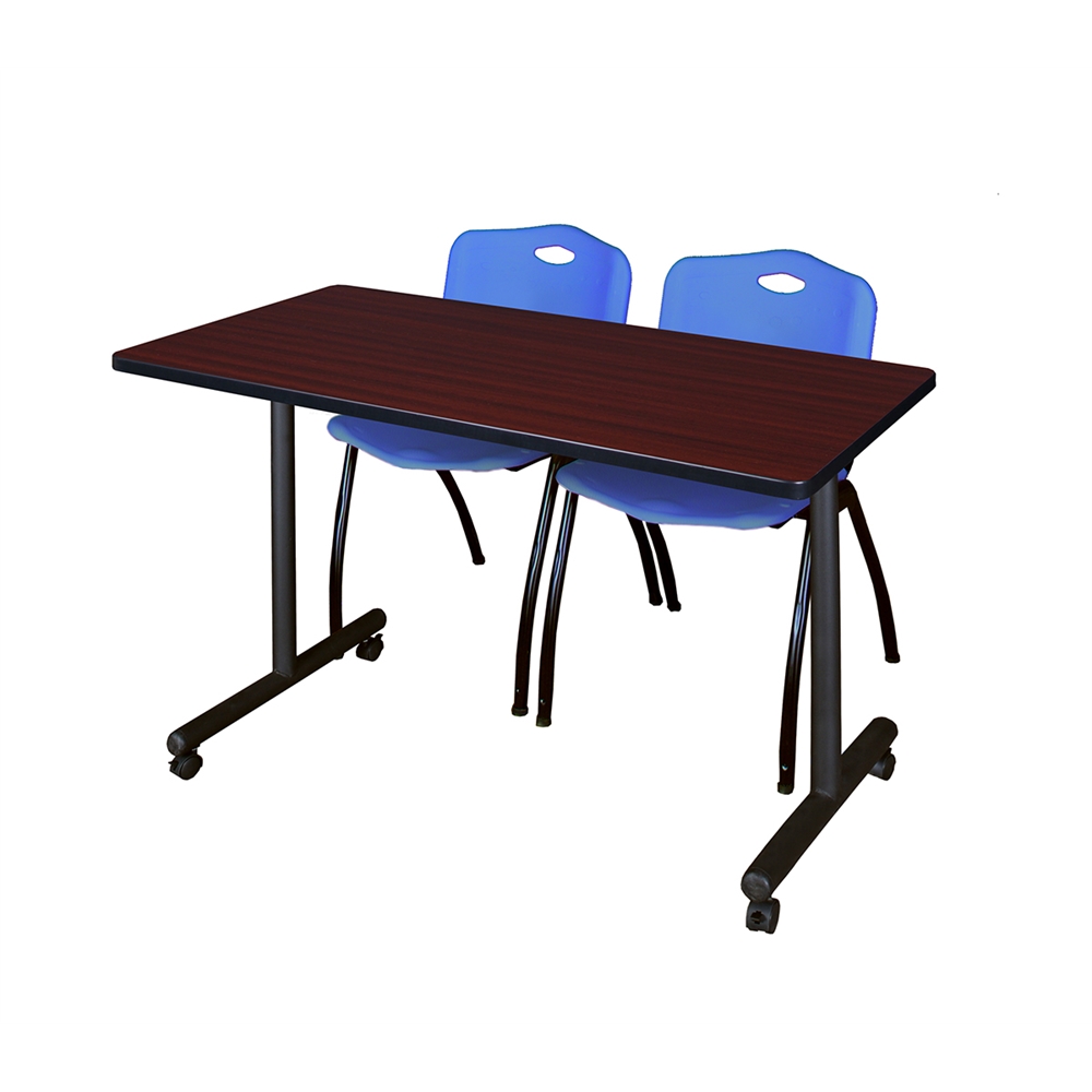 48" x 24" Kobe Mobile Training Table- Mahogany & 2 'M' Stack Chairs- Blue. Picture 1