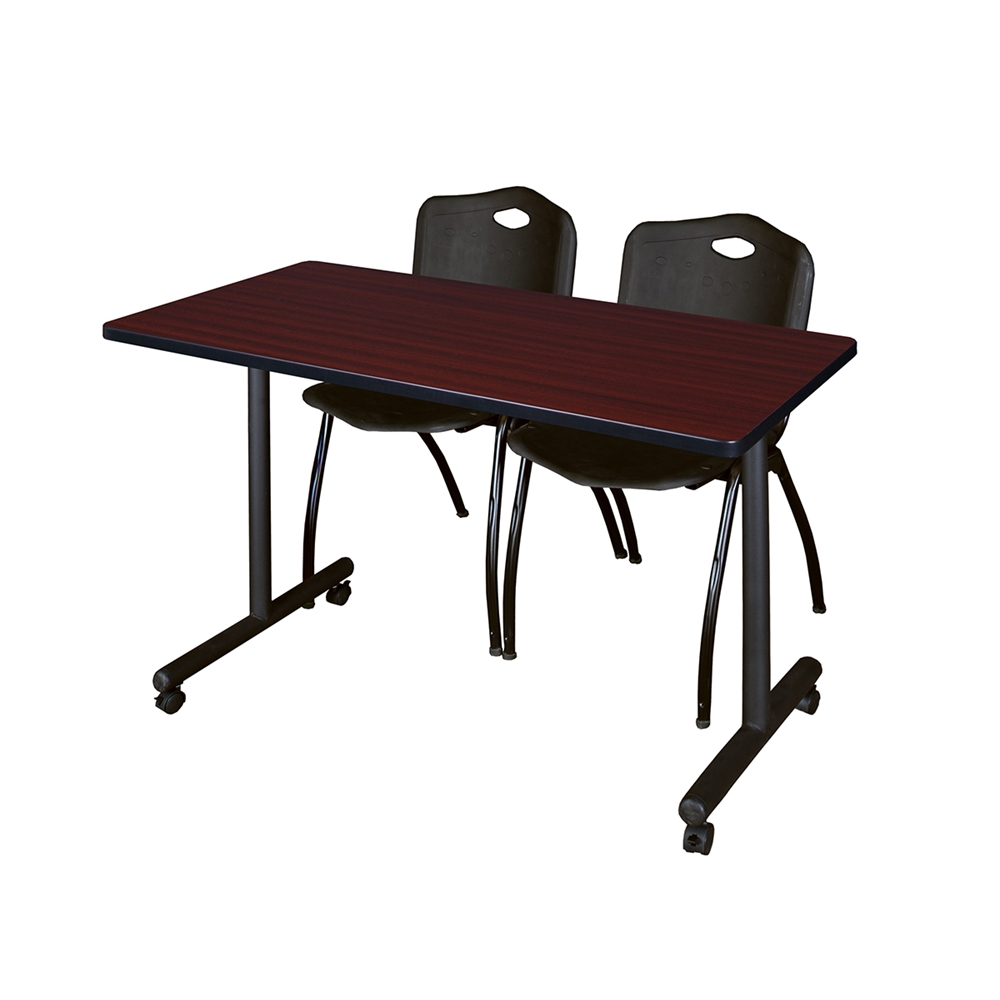 48" x 24" Kobe Mobile Training Table- Mahogany & 2 'M' Stack Chairs- Black. Picture 1
