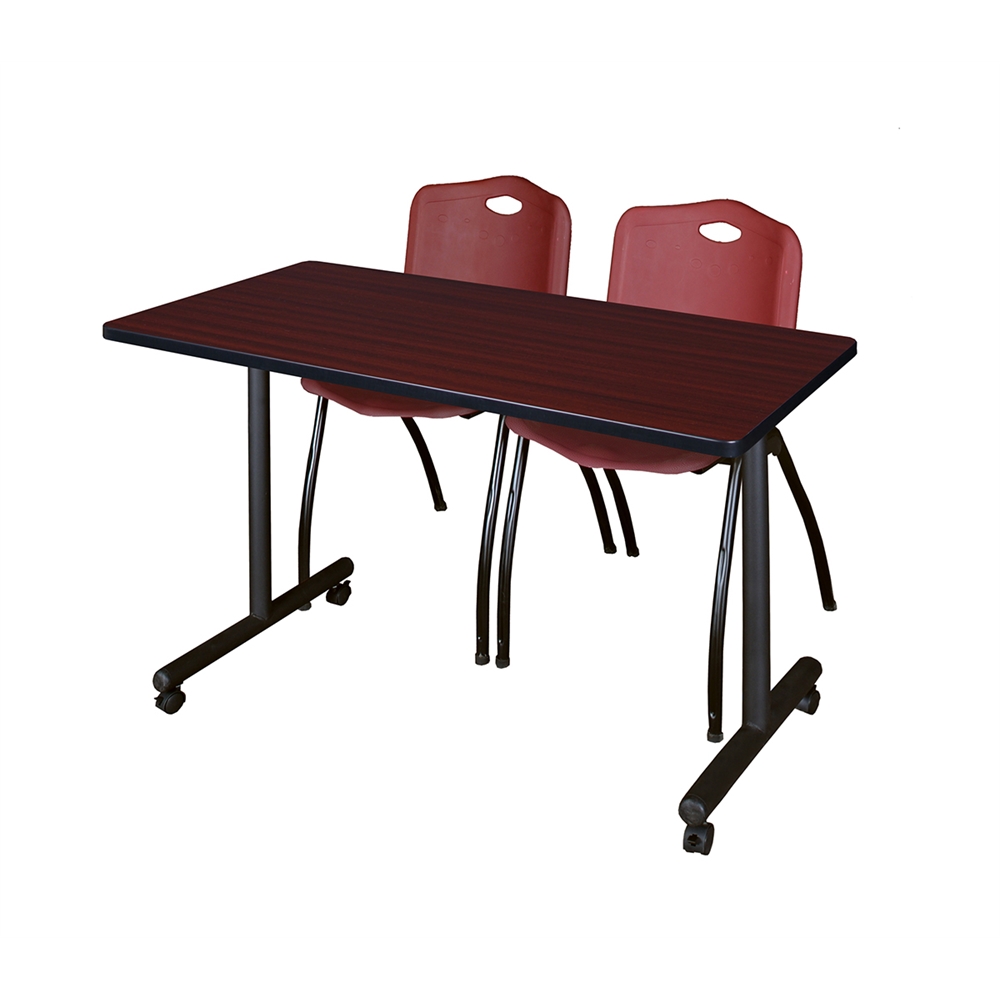 48" x 24" Kobe Mobile Training Table- Mahogany & 2 'M' Stack Chairs- Burgundy. Picture 1