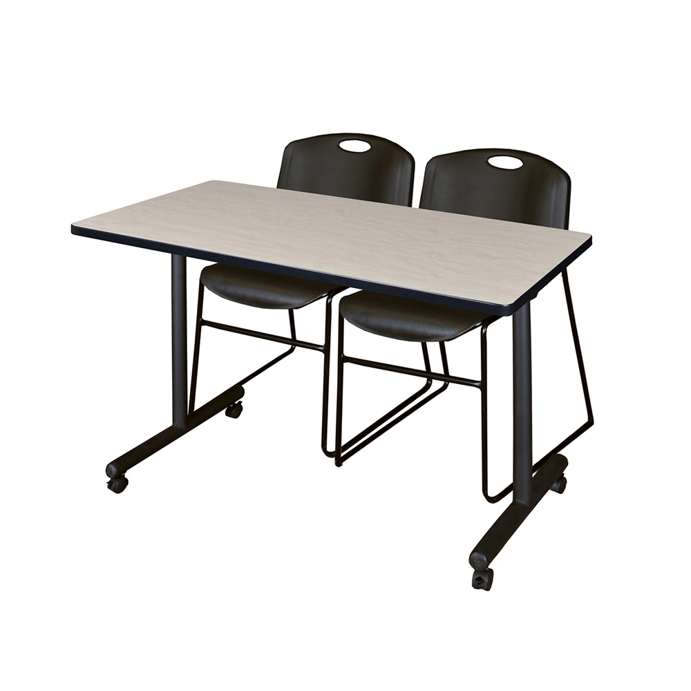 48" x 24" Kobe Mobile Training Table- Maple & 2 Zeng Stack Chairs- Black. Picture 1
