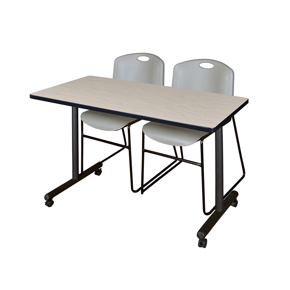 48" x 24" Kobe Mobile Training Table- Maple & 2 Zeng Stack Chairs- Grey. Picture 1