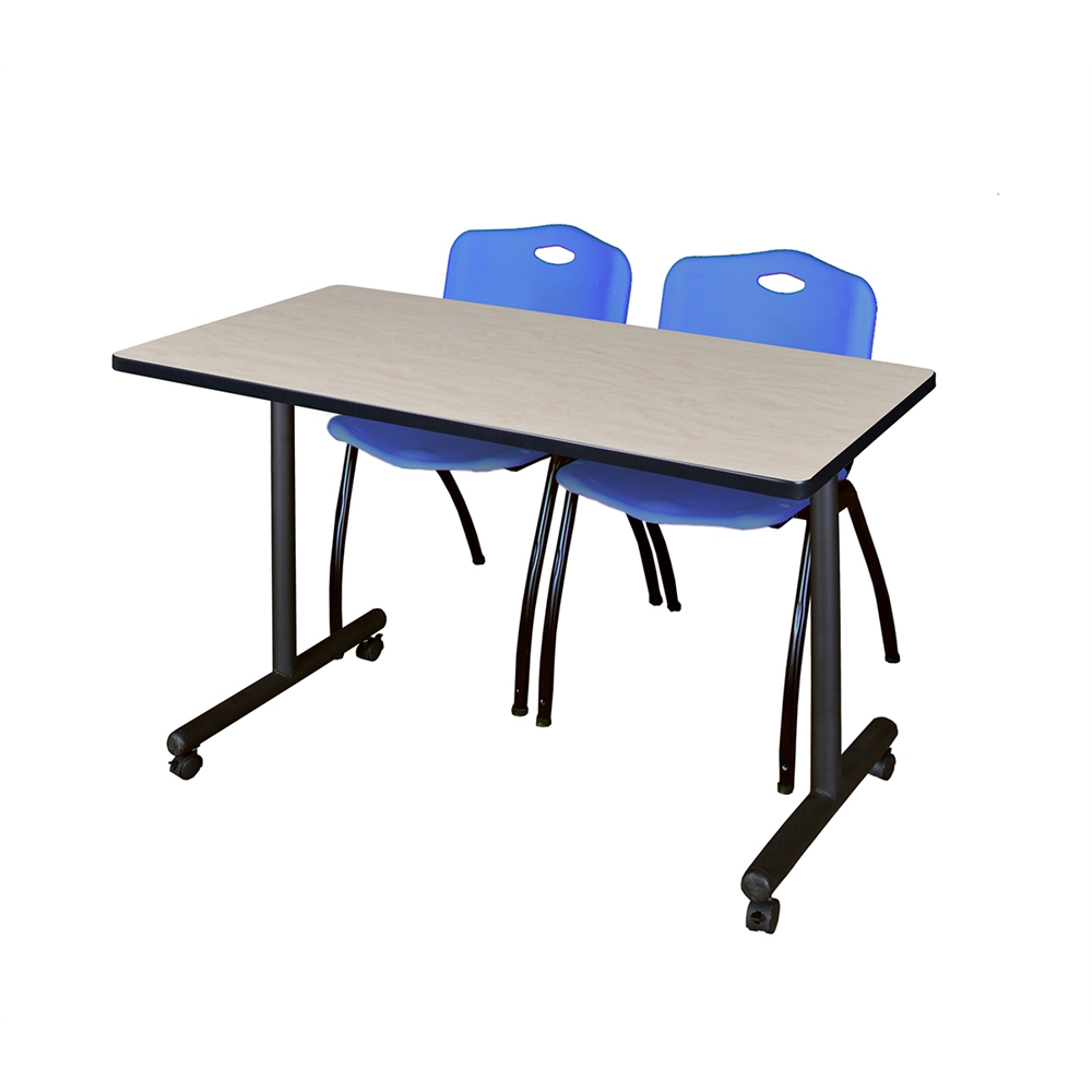 48" x 24" Kobe Mobile Training Table- Maple & 2 'M' Stack Chairs- Blue. Picture 1