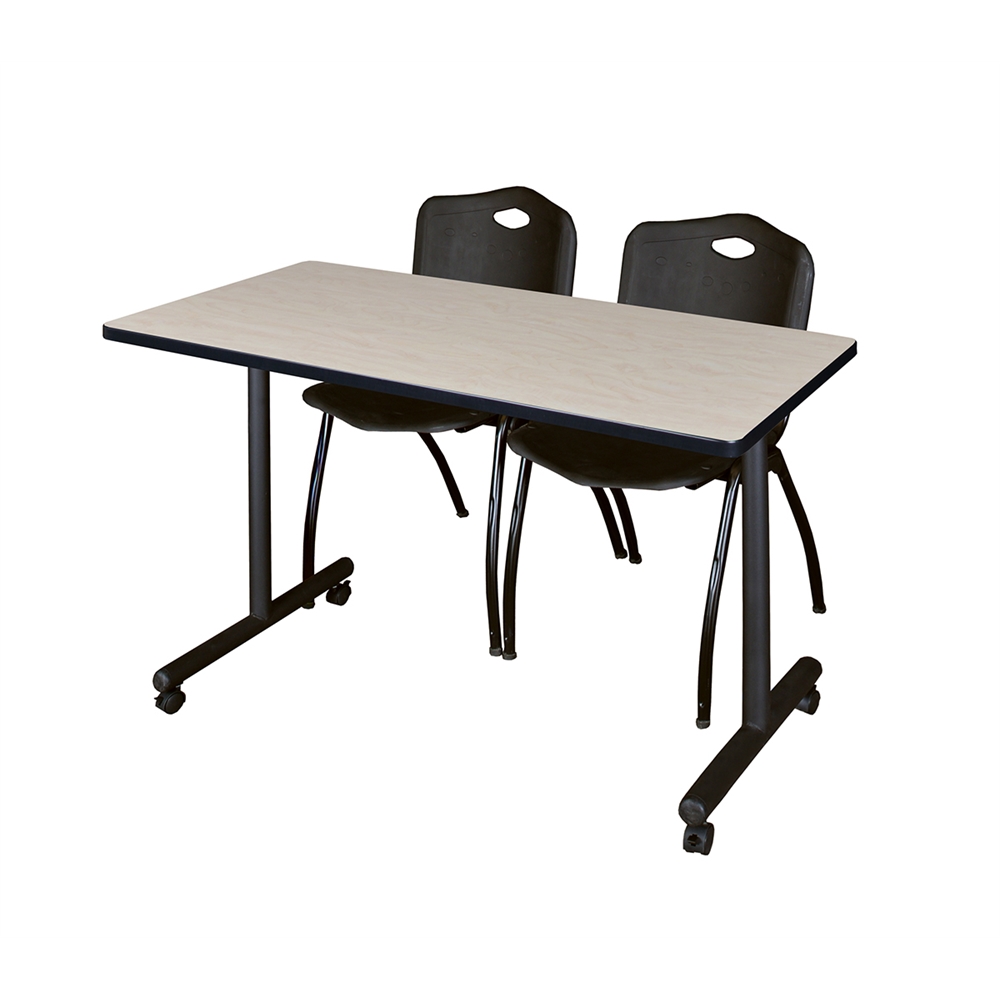 48" x 24" Kobe Mobile Training Table- Maple & 2 'M' Stack Chairs- Black. Picture 1