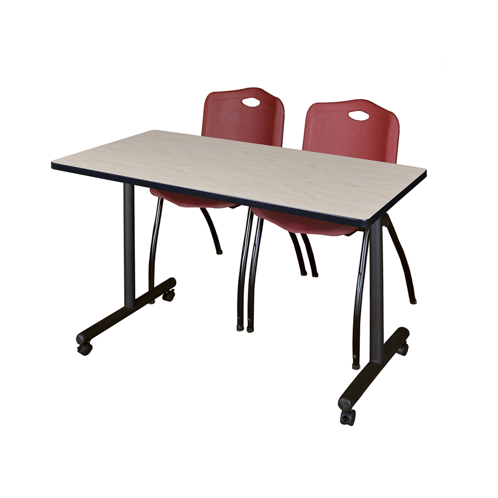 48" x 24" Kobe Mobile Training Table- Maple & 2 'M' Stack Chairs- Burgundy. Picture 1