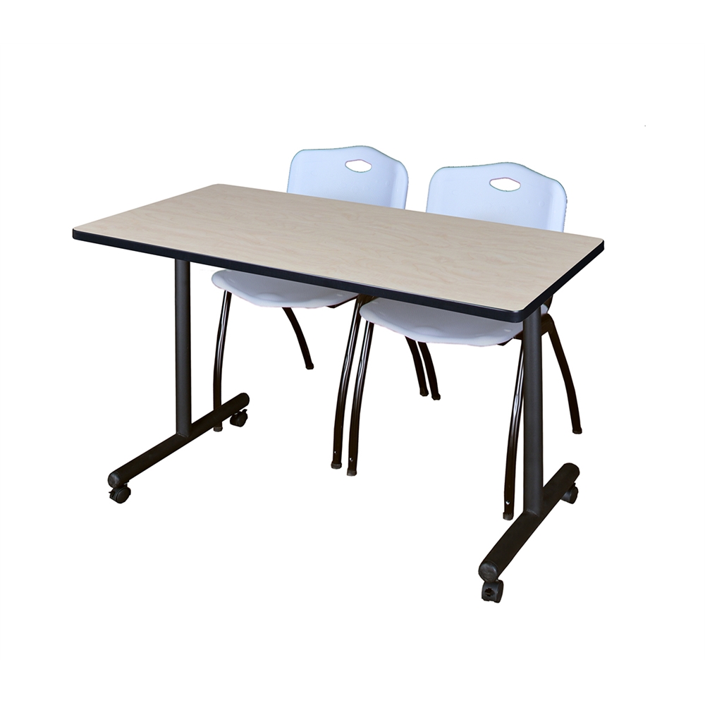 48" x 24" Kobe Mobile Training Table- Maple & 2 'M' Stack Chairs- Grey. Picture 1