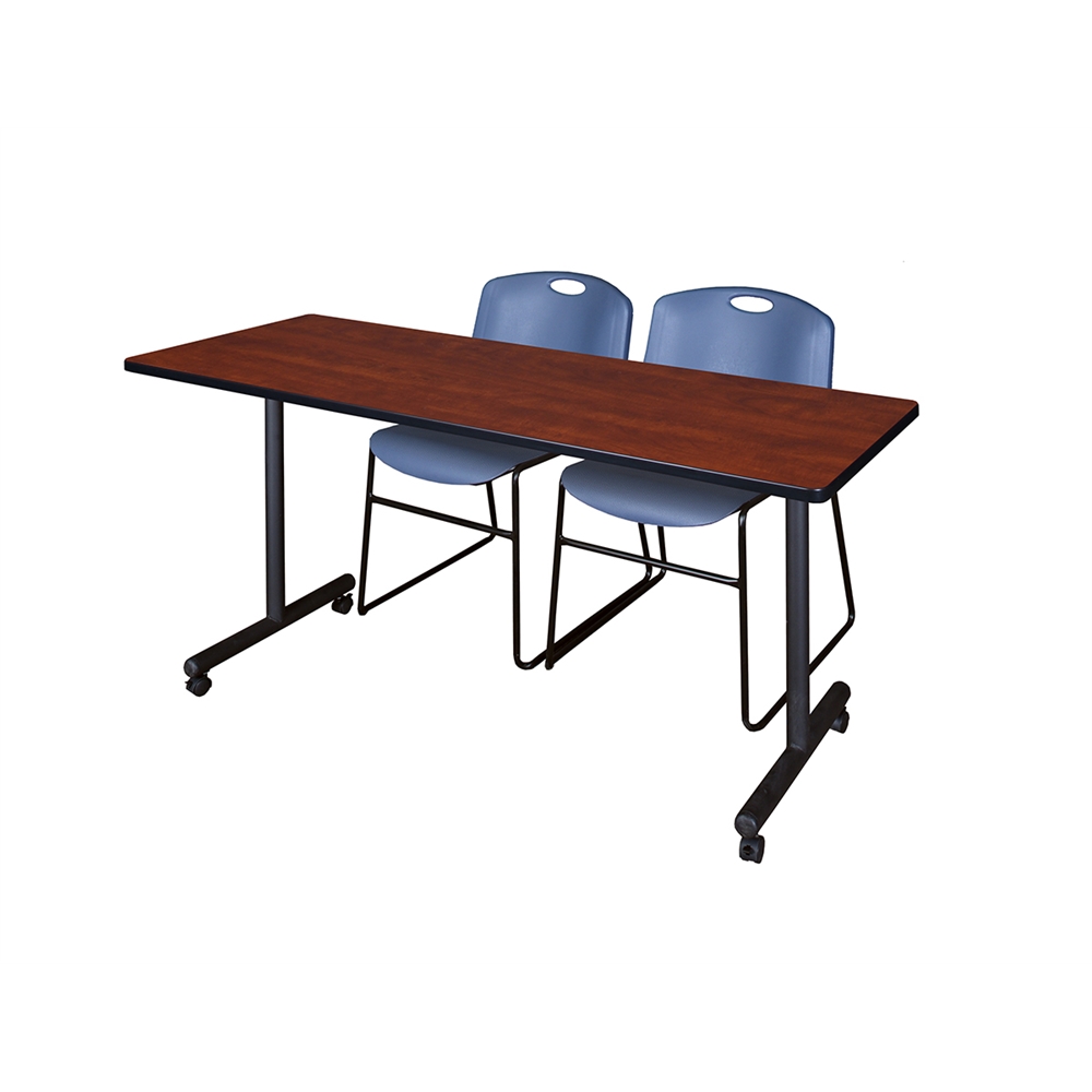 60" x 24" Kobe Mobile Training Table- Cherry & 2 Zeng Stack Chairs- Blue. Picture 1