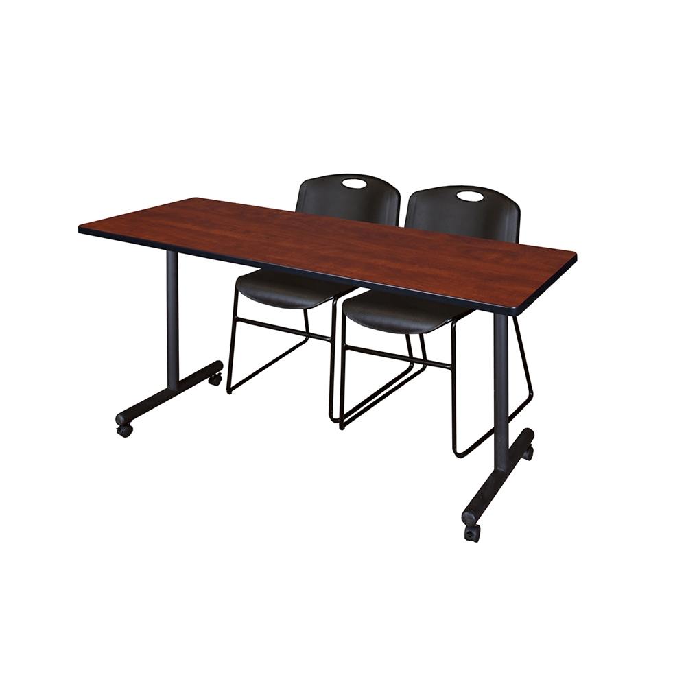 60" x 24" Kobe Mobile Training Table- Cherry & 2 Zeng Stack Chairs- Black. Picture 1