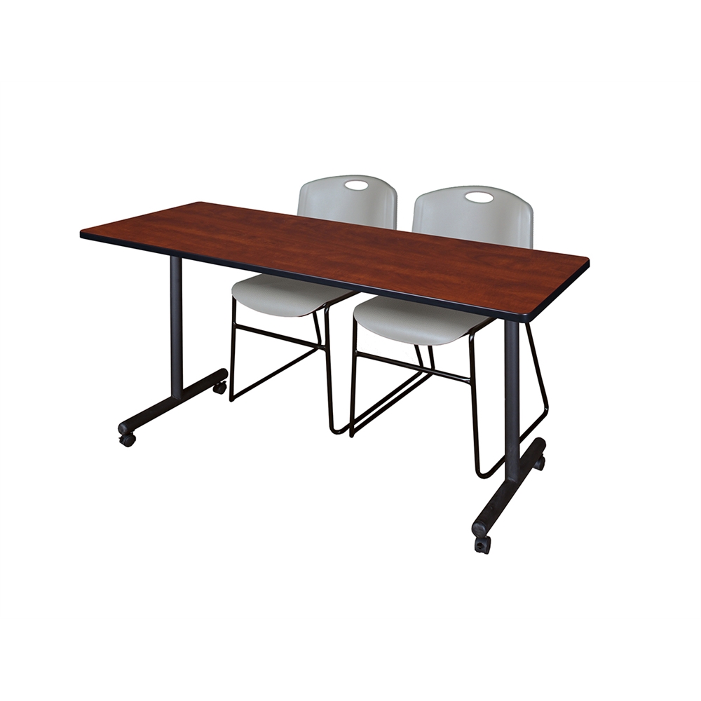 60" x 24" Kobe Mobile Training Table- Cherry & 2 Zeng Stack Chairs- Grey. Picture 1