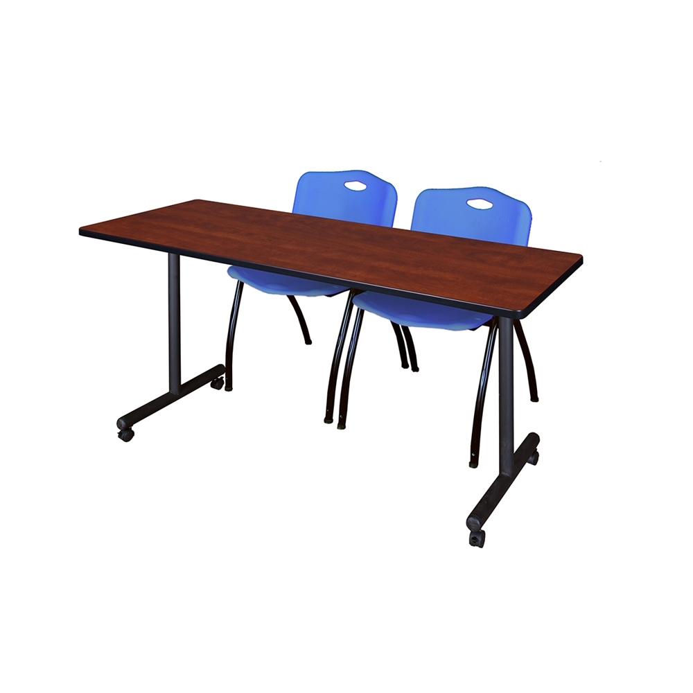 60" x 24" Kobe Mobile Training Table- Cherry & 2 'M' Stack Chairs- Blue. Picture 1
