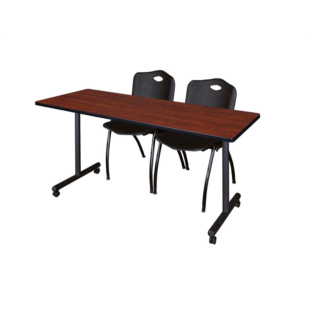 60" x 24" Kobe Mobile Training Table- Cherry & 2 'M' Stack Chairs- Black. Picture 1