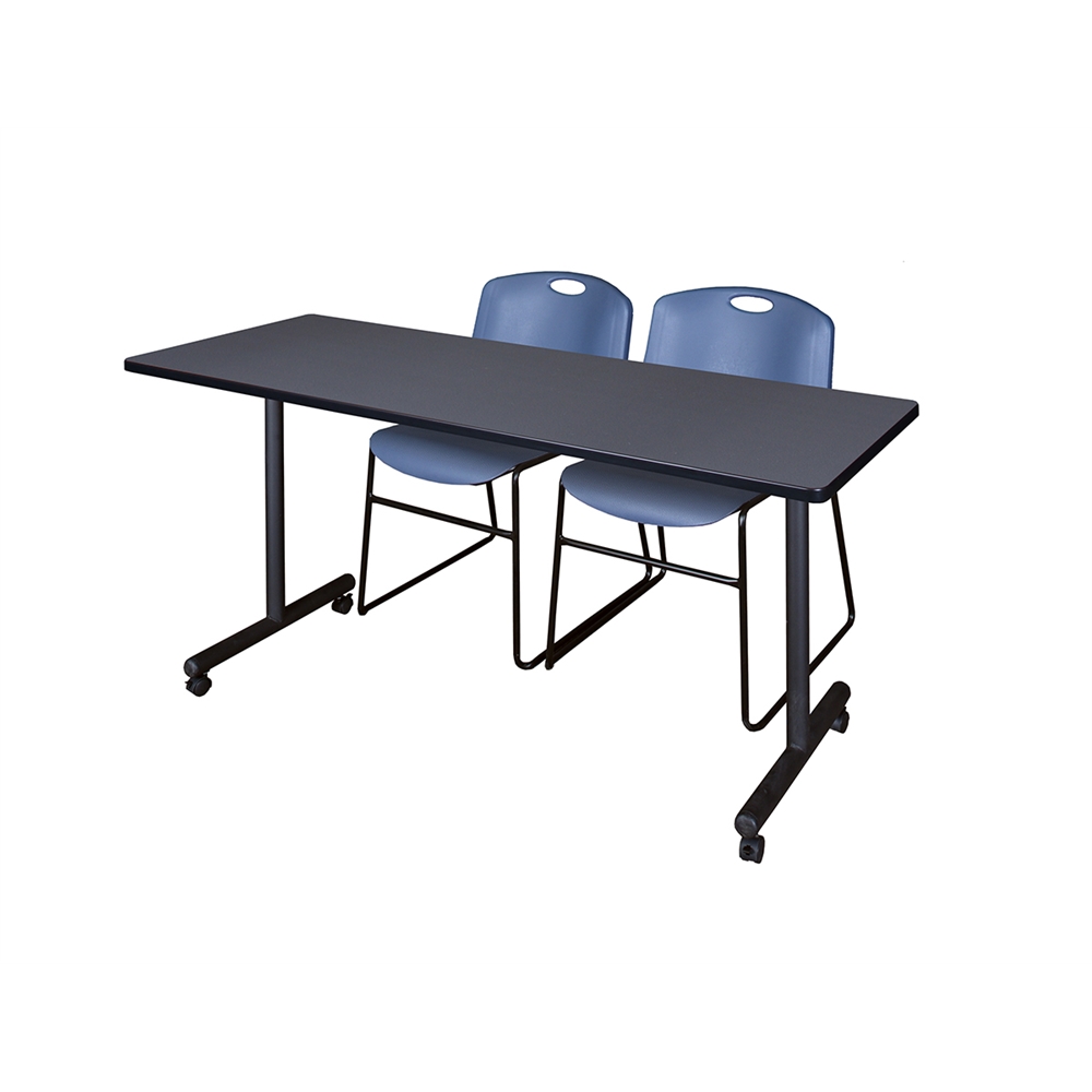 60" x 24" Kobe Mobile Training Table- Grey & 2 Zeng Stack Chairs- Blue. Picture 1