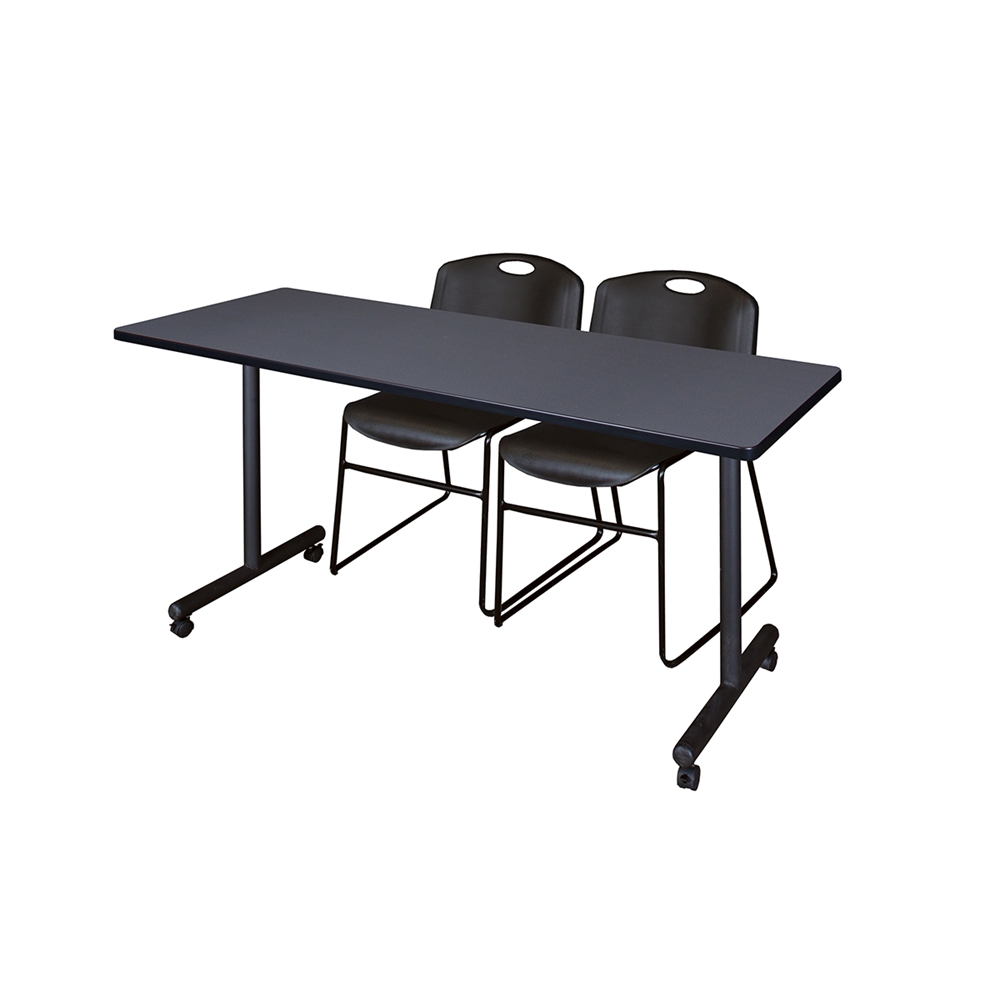 60" x 24" Kobe Mobile Training Table- Grey & 2 Zeng Stack Chairs- Black. Picture 1