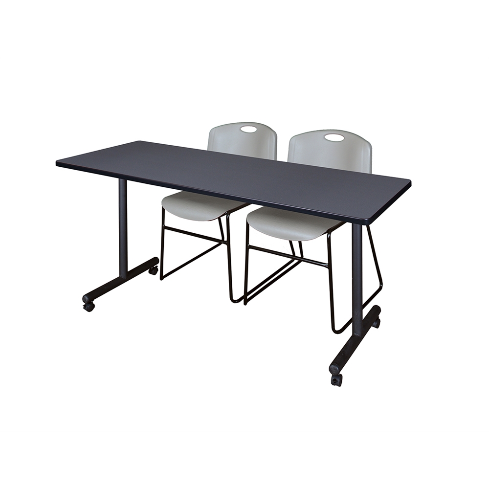 60" x 24" Kobe Mobile Training Table- Grey & 2 Zeng Stack Chairs- Grey. Picture 1