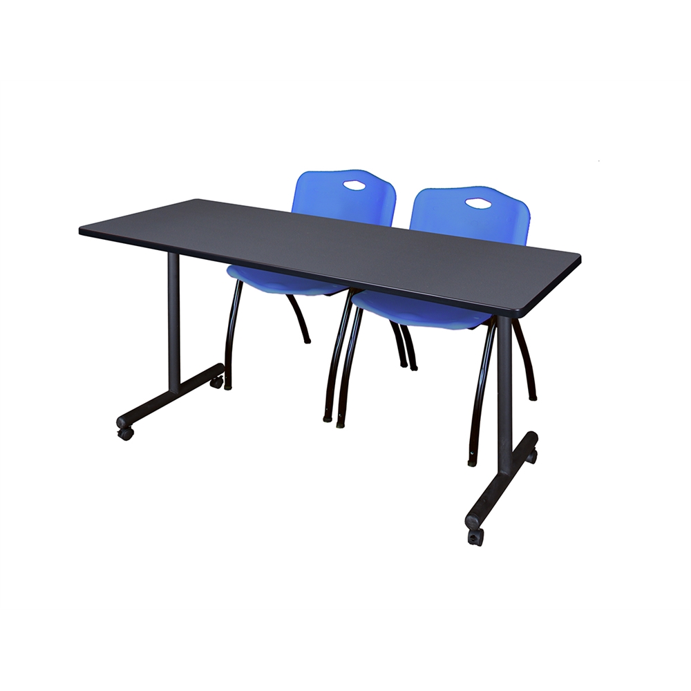 60" x 24" Kobe Mobile Training Table- Grey & 2 'M' Stack Chairs- Blue. Picture 1