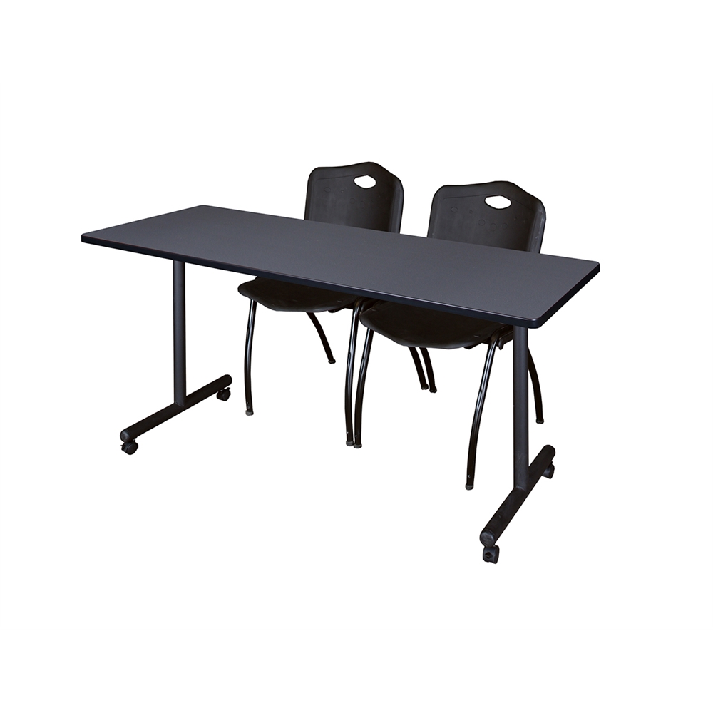 60" x 24" Kobe Mobile Training Table- Grey & 2 'M' Stack Chairs- Black. Picture 1