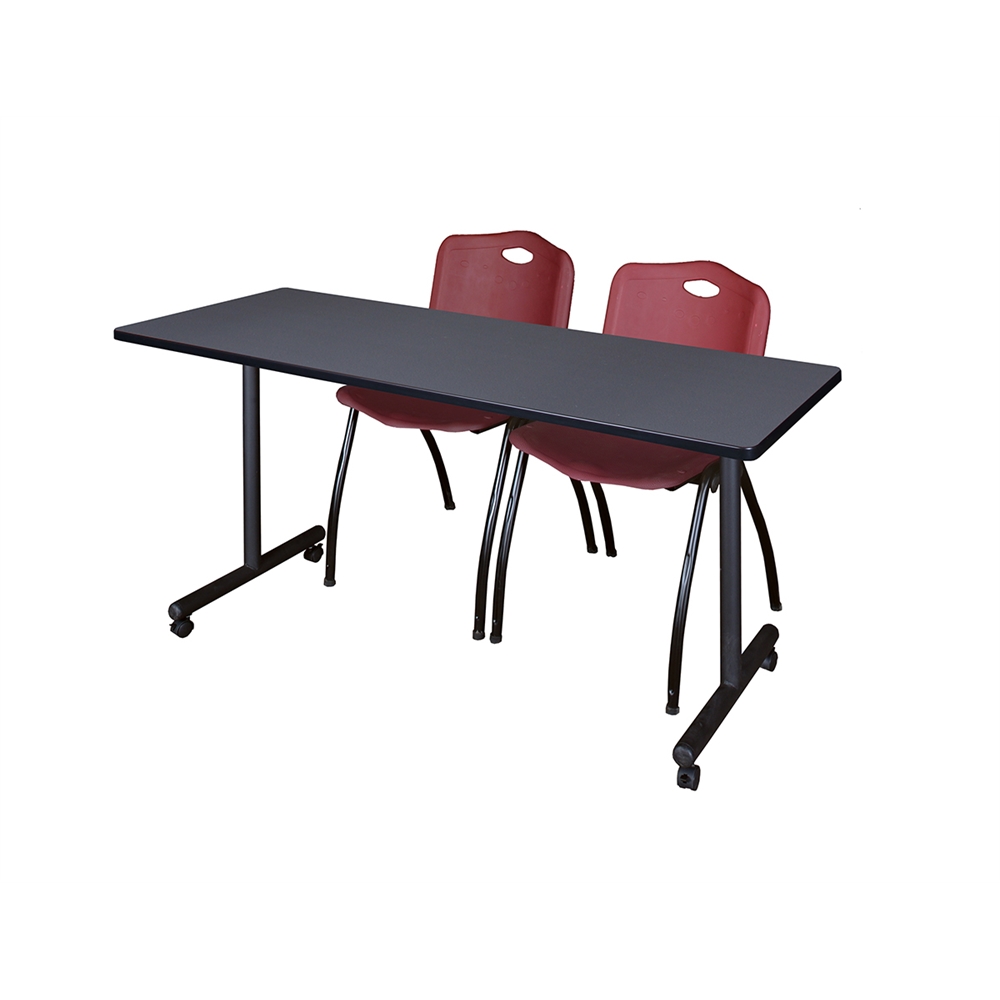 60" x 24" Kobe Mobile Training Table- Grey & 2 'M' Stack Chairs- Burgundy. Picture 1
