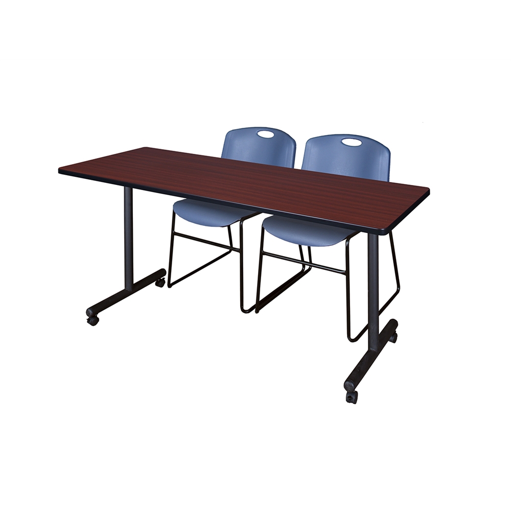 60" x 24" Kobe Mobile Training Table- Mahogany & 2 Zeng Stack Chairs- Blue. Picture 1