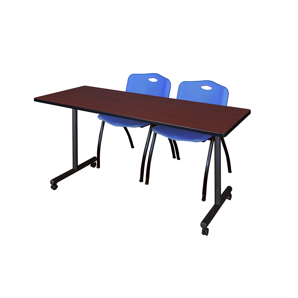 60" x 24" Kobe Mobile Training Table- Mahogany & 2 'M' Stack Chairs- Blue. Picture 1
