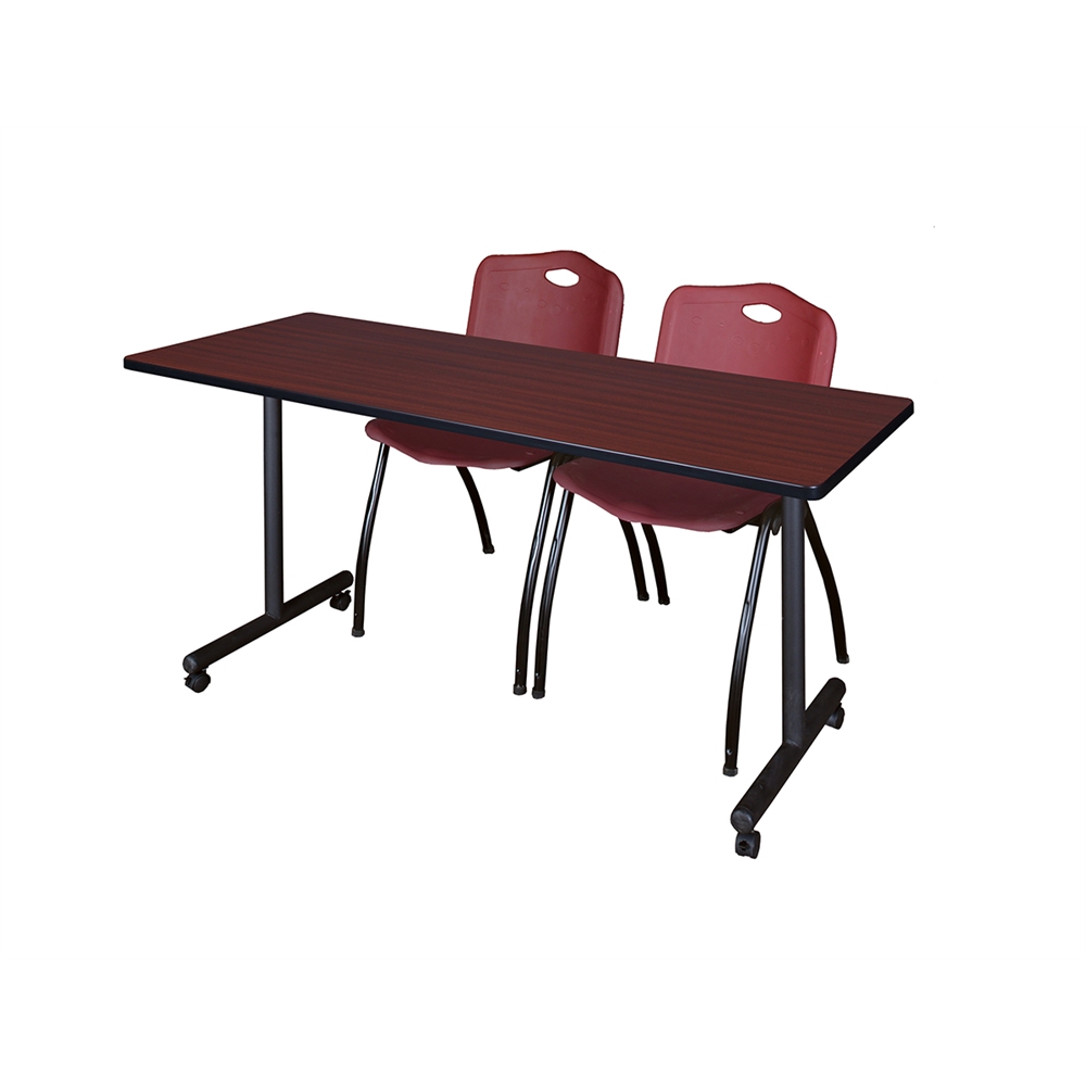 60" x 24" Kobe Mobile Training Table- Mahogany & 2 'M' Stack Chairs- Burgundy. Picture 1