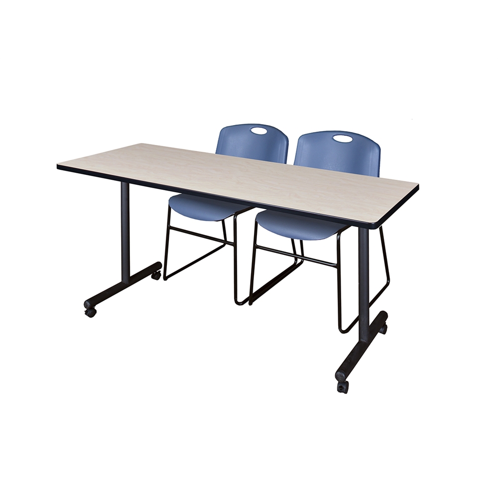 60" x 24" Kobe Mobile Training Table- Maple & 2 Zeng Stack Chairs- Blue. Picture 1