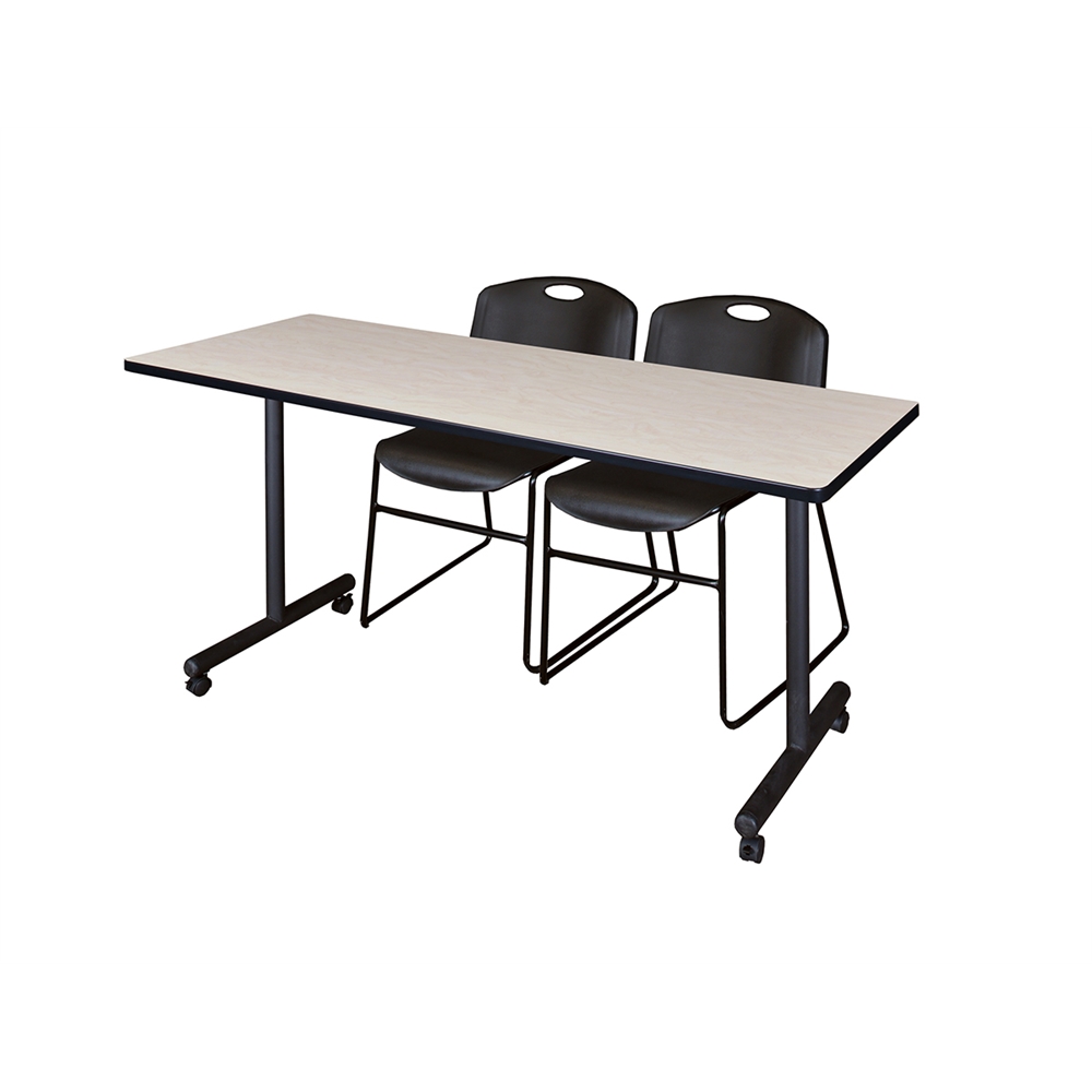 60" x 24" Kobe Mobile Training Table- Maple & 2 Zeng Stack Chairs- Black. Picture 1