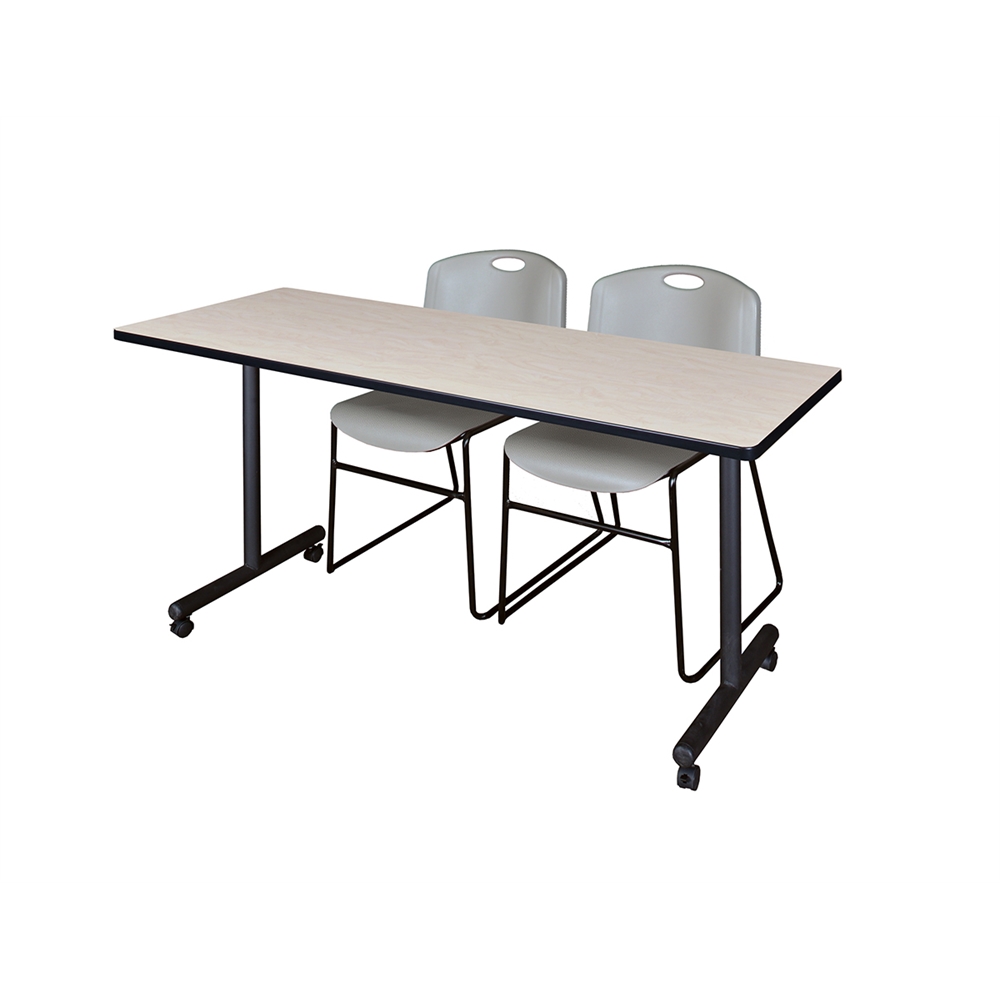 60" x 24" Kobe Mobile Training Table- Maple & 2 Zeng Stack Chairs- Grey. Picture 1