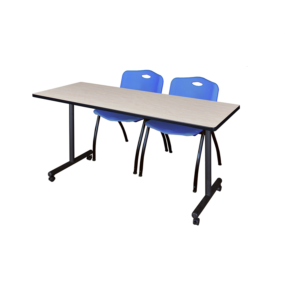 60" x 24" Kobe Mobile Training Table- Maple & 2 'M' Stack Chairs- Blue. Picture 1