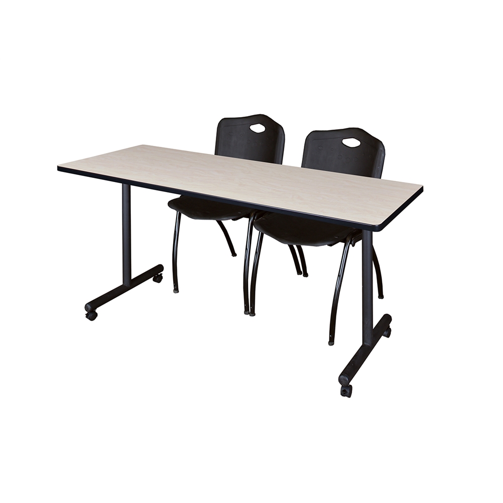60" x 24" Kobe Mobile Training Table- Maple & 2 'M' Stack Chairs- Black. Picture 1