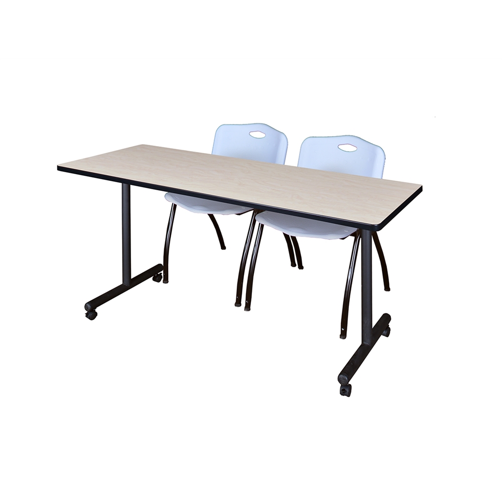 60" x 24" Kobe Mobile Training Table- Maple & 2 'M' Stack Chairs- Grey. Picture 1