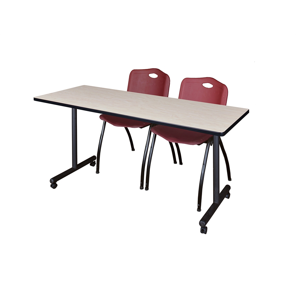 66" x 24" Kobe Mobile Training Table- Maple & 2 'M' Stack Chairs- Burgundy. Picture 1