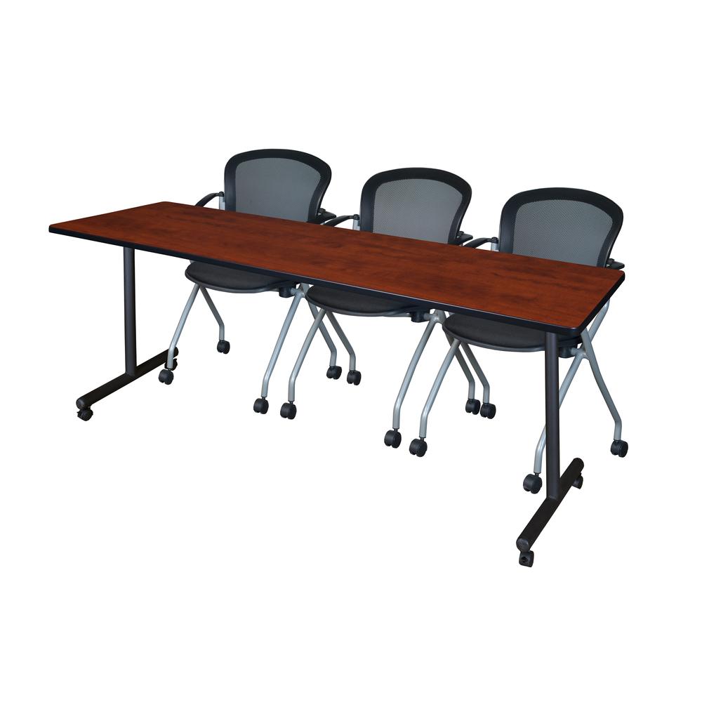 84" x 24" Kobe Mobile Training Table- Cherry & 3 Cadence Chairs- Black. Picture 1