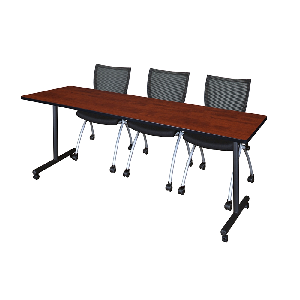 84" x 24" Kobe Mobile Training Table- Cherry & 3 Apprentice Chairs- Black. Picture 1